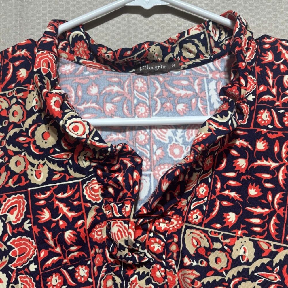 J. McLaughlin Durham Catalina Cloth Red Medallion Ruffle Collar Top 3/4 Sleeve M - Picture 3 of 8